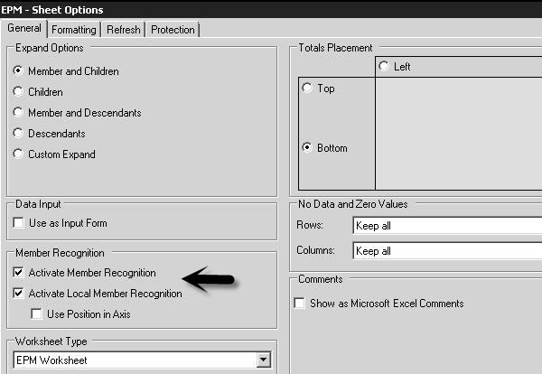 EPM Sheet Options