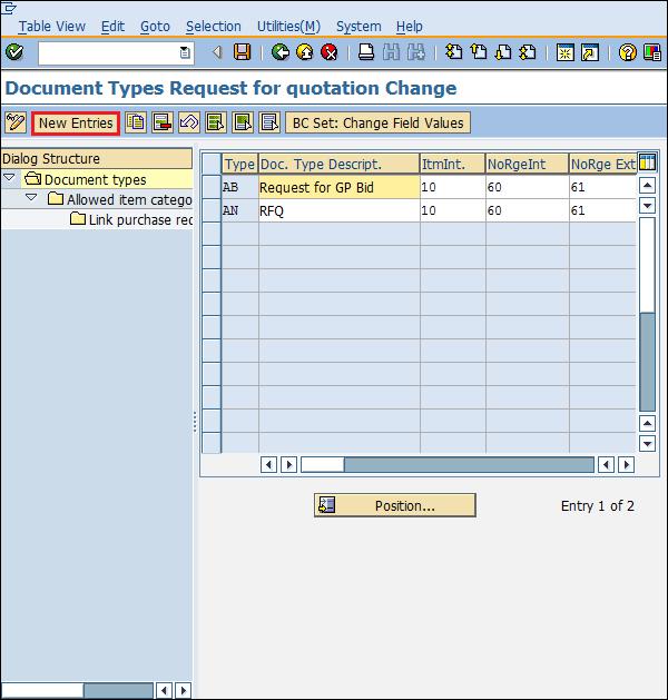 SAP Configuration document type rfq new 