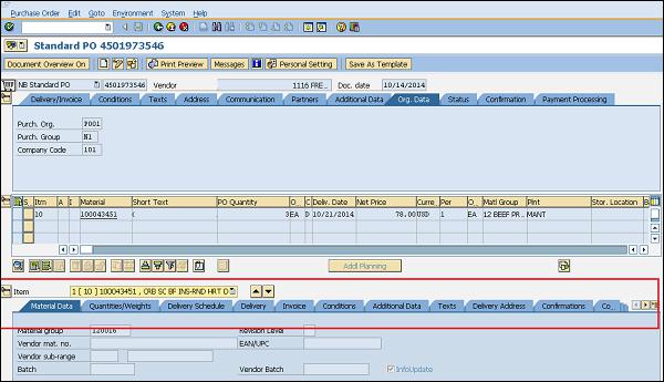 SAP Purchase Order Item tab