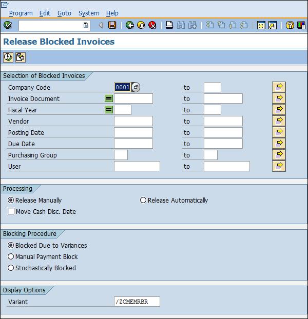 SAP release block invoice entry