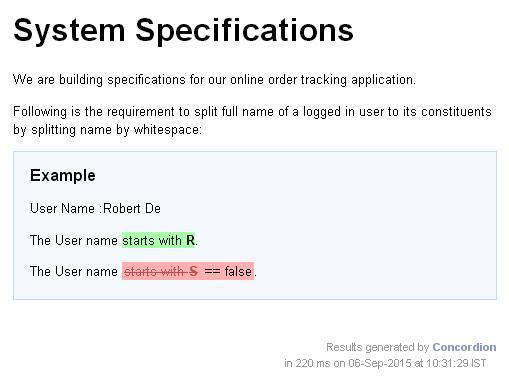 concordion assertTrue command Output