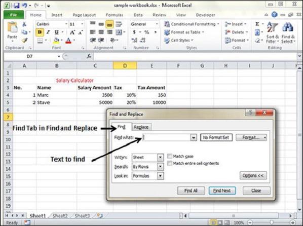 Find Tab in Excel