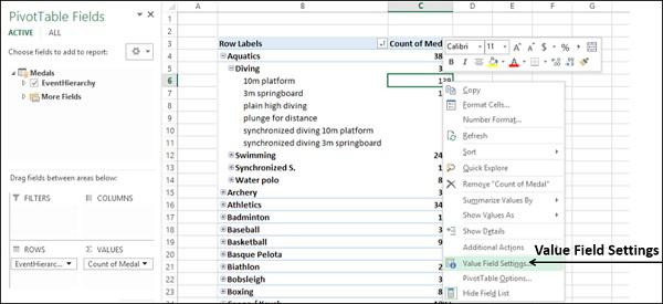 Value Field Settings
