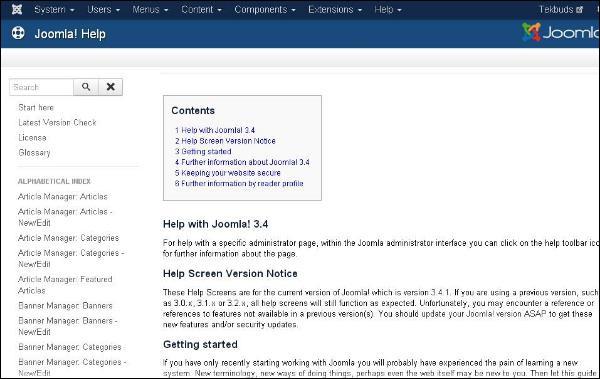 joomla Help Menu