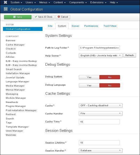 Joomla System Settings