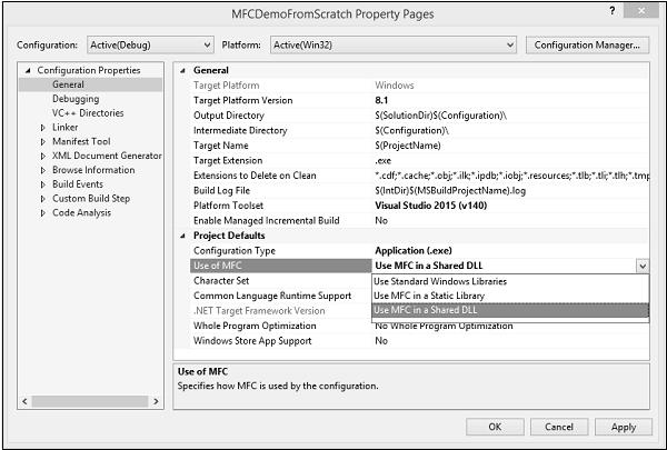 Select MFC Project & Properties