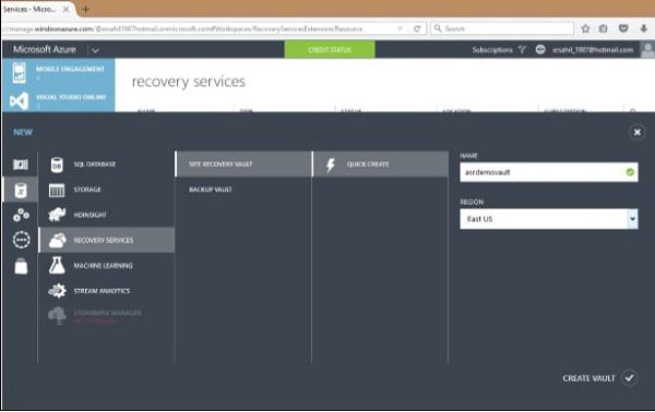 Create a Site Recovery Vault