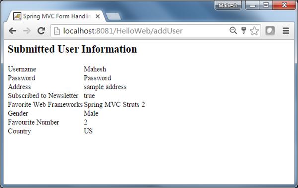 Spring dropdown Form Result