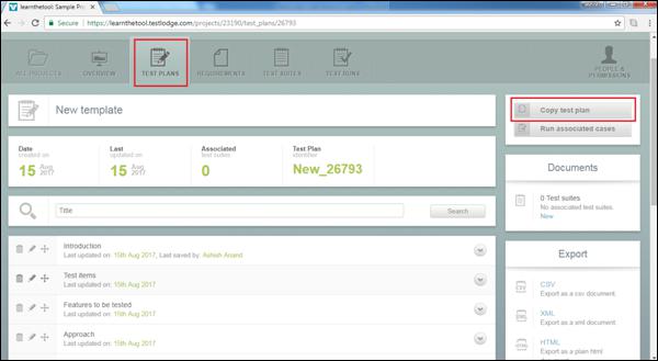Copy Test Plan Button