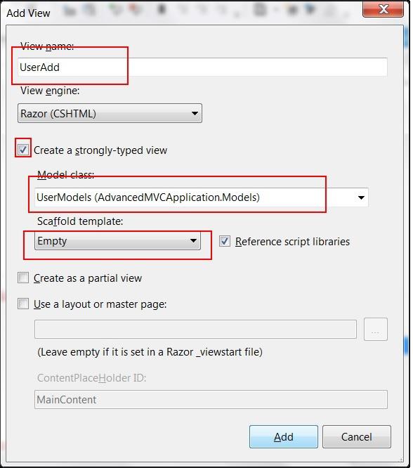 MVC Advanced User Add View